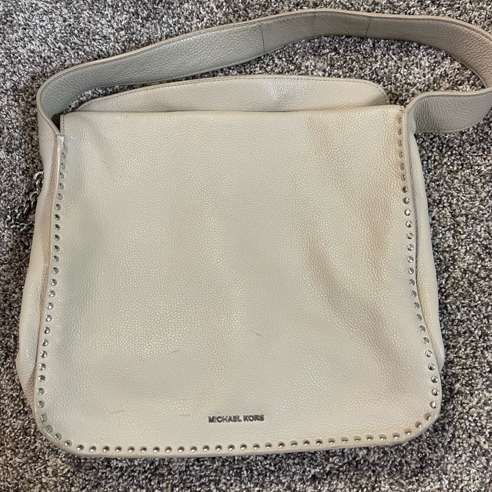 Michael Kors Studded Leather Shoulder Bag Cream Beige Hobo